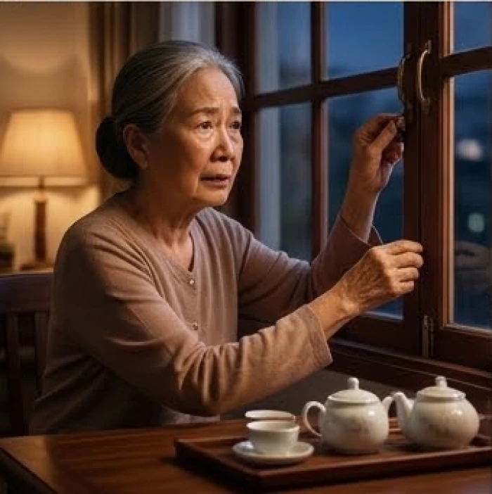 Người bà cẩn thận kiểm tra kỹ lưỡng chốt cửa sổ và bình trà trước giờ đi ngủ