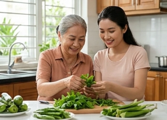 Cụ bà Mậu Tý cùng cháu gái nhặt rau tươi trong bếp tạo nên sự gắn kết và xoa dịu tâm lý lo âu