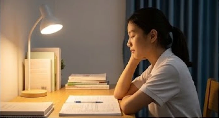 Nữ sinh tuổi mậu tý nhắm mắt thư giãn bên bàn học sau những giờ ôn tập cường độ cao buổi tối