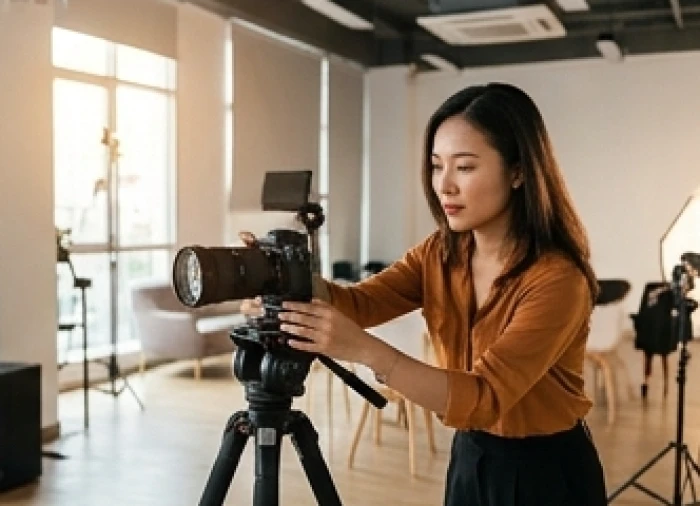 Nữ điều phối viên sự kiện tuổi Mậu Tý đang kiểm tra thiết bị truyền thông tại hội trường