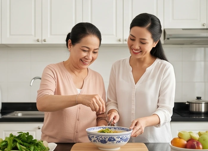 Người mẹ 64 tuổi vui vẻ hướng dẫn con gái chuẩn bị bữa ăn truyền thống trong gian bếp ấm cúng