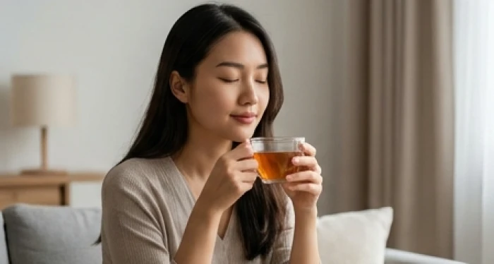 Nữ thanh niên đang nhắm mắt thư giãn và tận hưởng một tách trà ấm trong không gian yên tĩnh