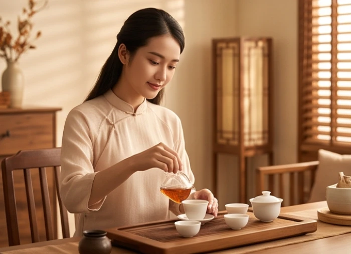 Người phụ nữ thanh lịch đang pha trà trong không gian phòng khách ấm cúng tràn ngập ánh sáng.