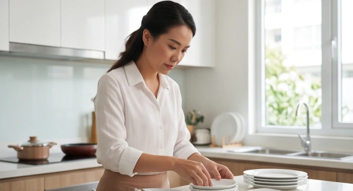 Người phụ nữ Tân Dậu tỉ mỉ sắp xếp và kiểm tra cẩn thận từng chi tiết đồ dùng trong căn bếp gia đình