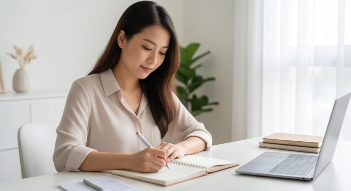 Nữ giới Tân Tỵ 2001 ghi chép và lập kế hoạch quản lý chi tiêu cá nhân bên bàn làm việc