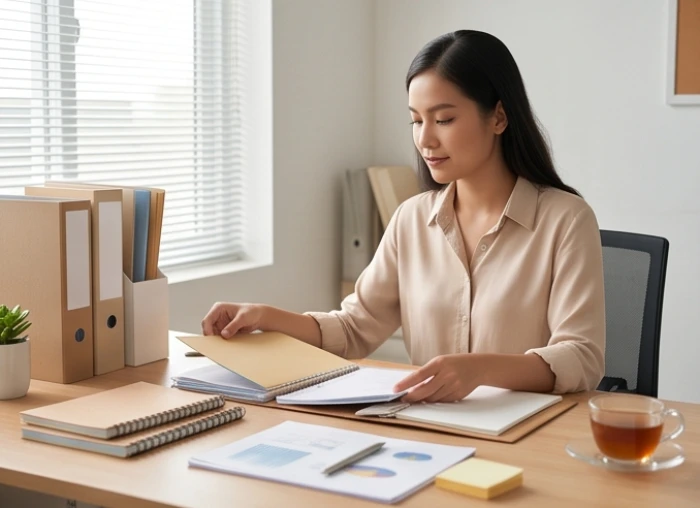 Nữ nhân viên trẻ sắp xếp khoa học các tài liệu dự án phản ánh sự tháo vát và năng động của nữ tuổi ất dậu 2005