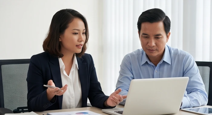 Nữ doanh nhân tuổi Dần và đối tác kỹ thuật cùng thống nhất chiến lược phân phối sản phẩm tại văn phòng làm việc