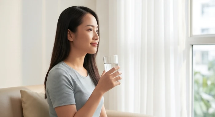 Người phụ nữ hiện đại điềm tĩnh thưởng thức ly nước mát bên khung cửa sổ phòng khách tinh tế