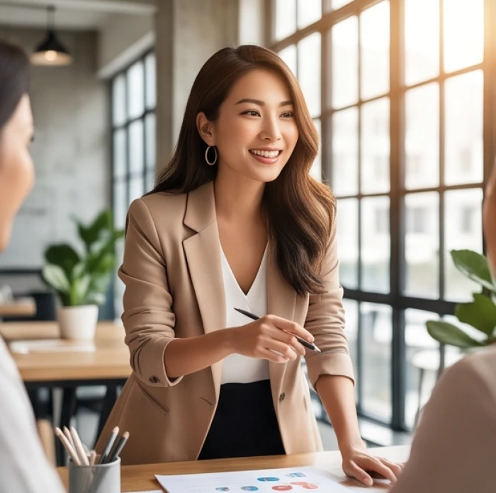 Nữ giám đốc marketing tuổi Dần tự tin điều hành cuộc họp ý tưởng truyền thông thương hiệu thời trang
