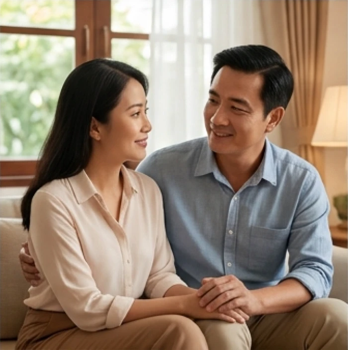 Người phụ nữ tuổi Mão đang chia sẻ tâm sự và lắng nghe sự thấu hiểu từ người bạn đời trong phòng khách ấm cúng