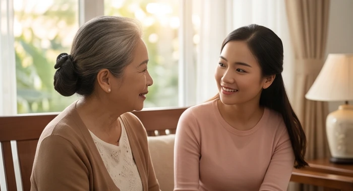 Người phụ nữ cao tuổi sinh năm 1953 ân cần dặn dò con cháu trong không gian phòng khách gia đình