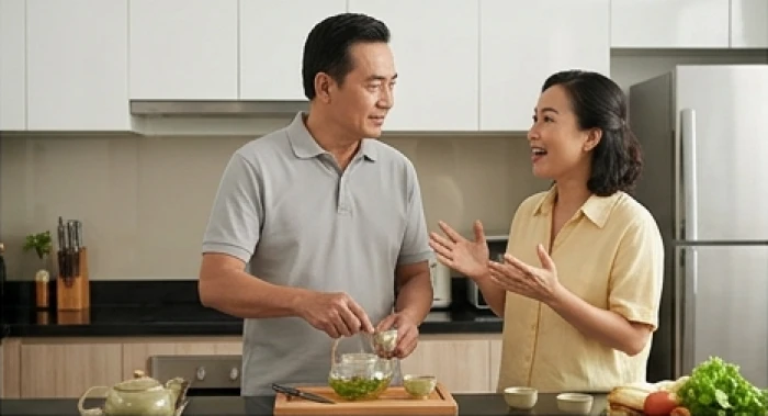 Người chồng chín chắn trò chuyện ân cần cùng người vợ tuổi Tý trong căn bếp nhỏ hiện đại và ngăn nắp
