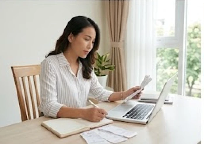 Người phụ nữ tỉ mỉ rà soát bảng chi tiêu gia đình và sổ sách tài chính tại góc làm việc yên tĩnh
