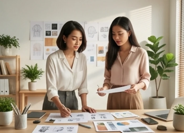 Nữ doanh nhân mậu tý 2008 thảo luận dự án sáng tạo cùng đối tác ất mùi trong studio thẩm mỹ