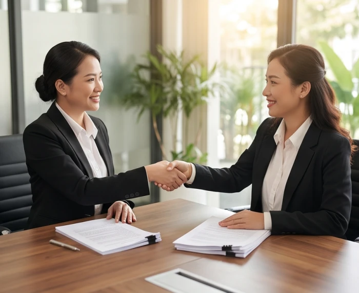Hai nữ doanh nhân mặc trang phục thanh lịch đang vui vẻ bắt tay ký kết hợp đồng trên bàn làm việc