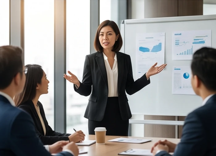 Người phụ nữ trẻ với ánh mắt kiên định đang tự tin trình bày ý tưởng đột phá trước hội đồng đối tác