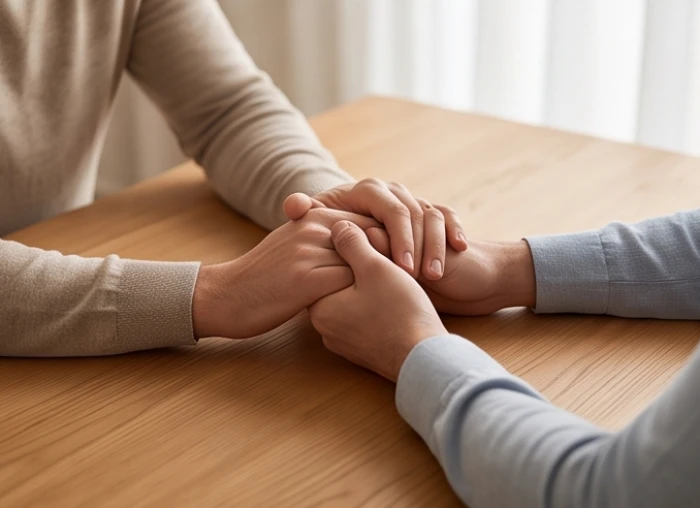 Đôi tay đan vào nhau trên chiếc bàn gỗ ấm áp thể hiện sự gắn kết bền chặt trong hôn nhân