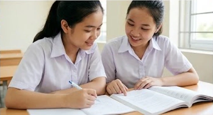 Hai học sinh nữ ôn tập bài trước kỳ thi chuyển cấp tại bàn tự học với tinh thần hỗ trợ nhau