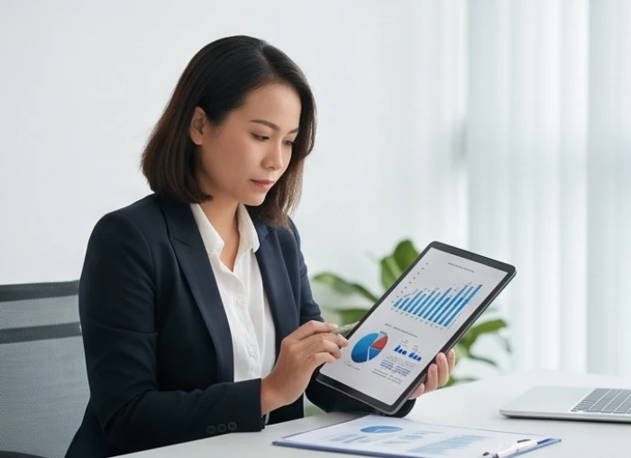 Nữ doanh nhân kiểm tra báo cáo tài chính chi tiết trên máy tính bảng để bảo toàn vốn kinh doanh