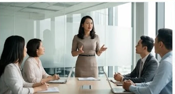 Nữ quản lý độc lập tự tin điều hành cuộc họp dự án với phong thái quyết đoán và tư duy khoa học