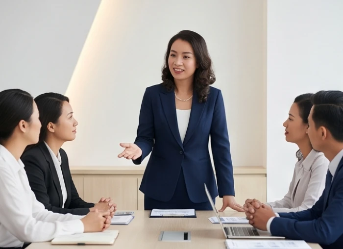 Nữ lãnh đạo tuổi Quý Hợi 1983 đang thảo luận và chia sẻ tầm nhìn chiến lược với các thành viên trong nhóm làm việc