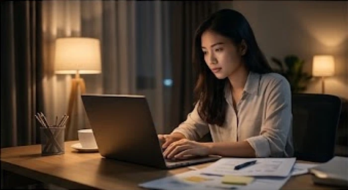 Nữ nhân viên trẻ tuổi tập trung làm việc bên máy tính vào đêm muộn để xây dựng nền tảng sự nghiệp