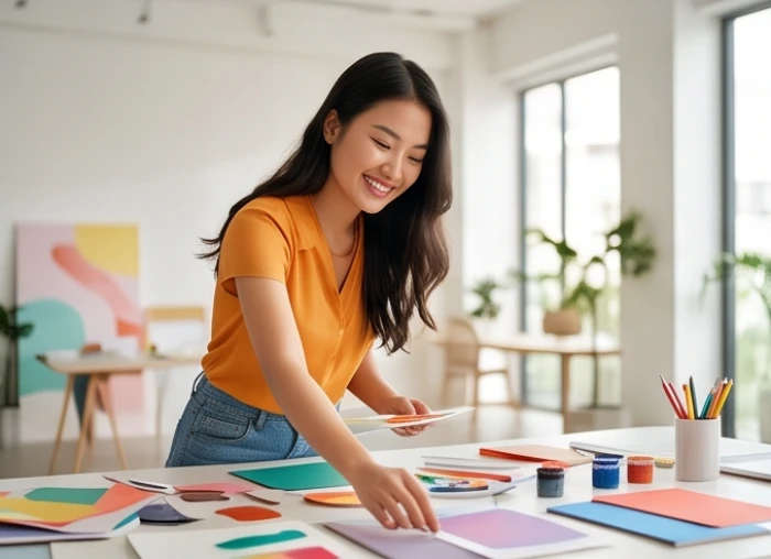Cô gái trẻ năng động đang tươi cười sắp xếp các vật dụng sáng tạo trong một không gian làm việc mở