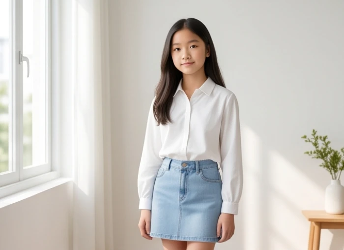 Trang phục kết hợp tinh tế giữa sắc trắng và xanh nước biển tạo nên phong thái điềm tĩnh cho nữ sinh cung Khảm Thủy