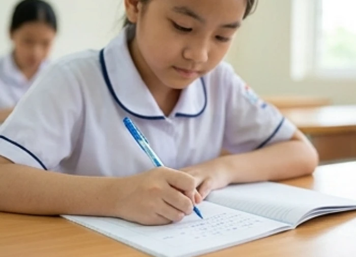 Bé gái cẩn thận viết bài trên vở ô ly thể hiện tính kiên nhẫn và cẩn trọng của mệnh Sa Trung Kim