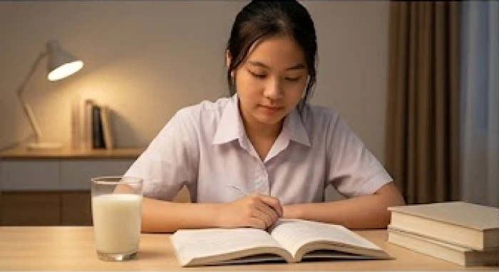 Nữ học sinh tuổi Tân Mão chăm chú ôn bài bên cốc sữa ấm được cha mẹ chuẩn bị để động viên tinh thần