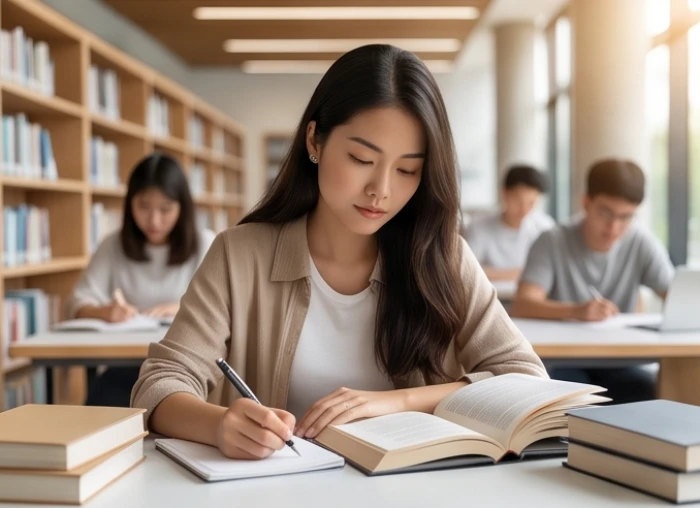 Nữ sinh viên miệt mài ôn tập kiến thức chuyên môn tại thư viện với thái độ nghiêm túc và tập trung cao độ