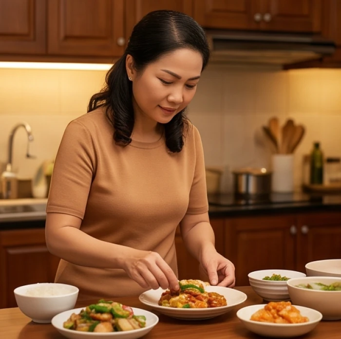 Người phụ nữ Tân Dậu 1981 cẩn thận chuẩn bị bữa cơm tối ấm cúng, thể hiện tình yêu thương dành cho gia đình
