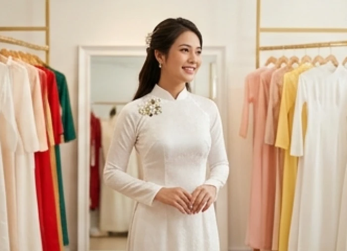 Cô dâu tuổi Tân Mùi rạng rỡ ướm thử chiếc váy cưới truyền thống để chuẩn bị cho hôn lễ vào năm Bính Ngọ