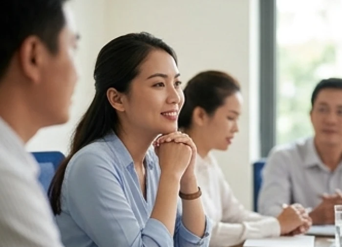 Nữ nhân viên văn phòng đang mỉm cười nhẹ nhàng lắng nghe đối tác trong một cuộc họp nhóm căng thẳng