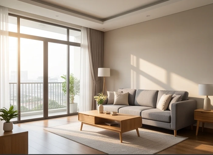 Không gian phòng khách thanh lịch đón nắng từ hướng Tây Bắc mang lại tài lộc cho nữ gia chủ tuổi Tân Mùi