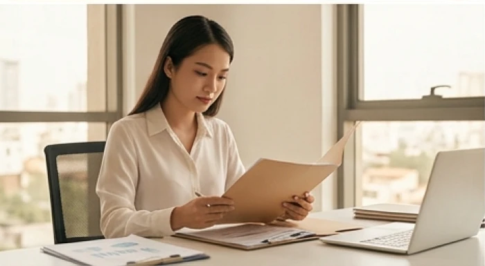 Nữ chuyên viên nhân sự Tân Mùi 1991 đang sắp xếp hồ sơ cẩn thận để hạn chế sai sót về mặt thủ tục