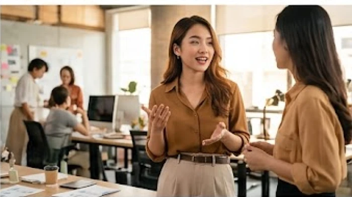 Cô gái trẻ trung năng động đang tự tin giao tiếp trực diện với đồng nghiệp tại nơi làm việc