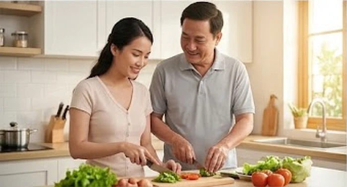 Người phụ nữ hạnh phúc mỉm cười khi được người chồng chững chạc quan tâm và chia sẻ công việc nhà