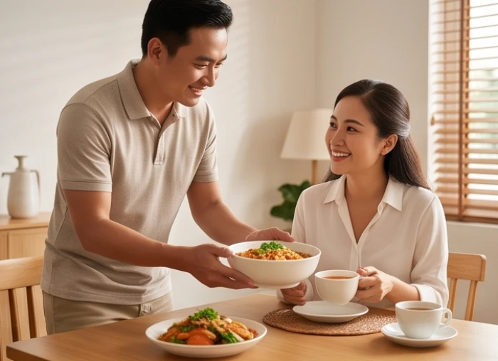 Người chồng tuổi hợi chu đáo chuẩn bị bữa ăn ấm cúng chăm sóc vợ tuổi dần sau giờ làm việc