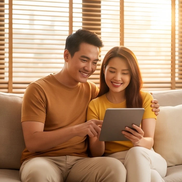 Một cặp đôi đang cùng nhau lên kế hoạch tài chính tương lai, thể hiện sự đồng điệu trong mục tiêu cuộc sống