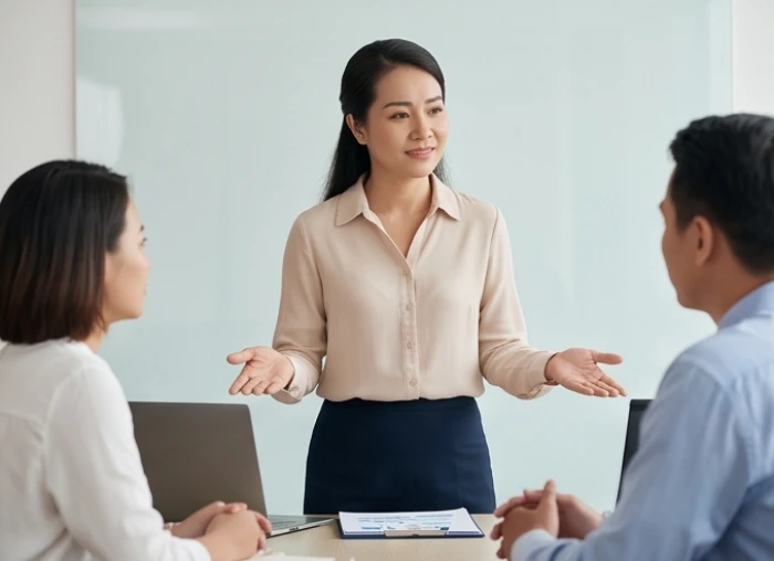 Người nữ điều phối viên đang mỉm cười xoa dịu căng thẳng giữa hai đồng nghiệp trong buổi họp thảo luận nhóm