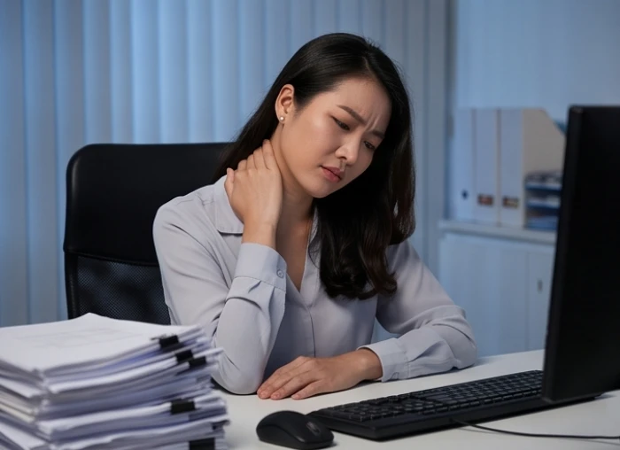 Người phụ nữ xoa bóp vai gáy đầy mệt mỏi tại bàn làm việc do ôm đồm xử lý quá nhiều rắc rối của đồng nghiệp