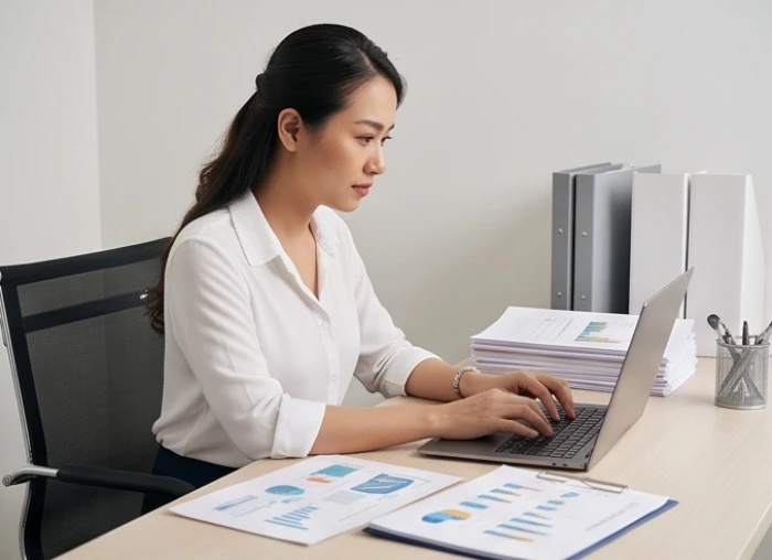Nhân sự nữ tuổi hợi đang tập trung xử lý công việc một cách tỉ mỉ và tuần tự trên bàn làm việc gọn gàng