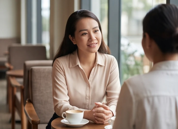 Người phụ nữ tuổi hợi với phong thái điềm đạm đang lắng nghe chăm chú người đối diện trong cuộc trò chuyện