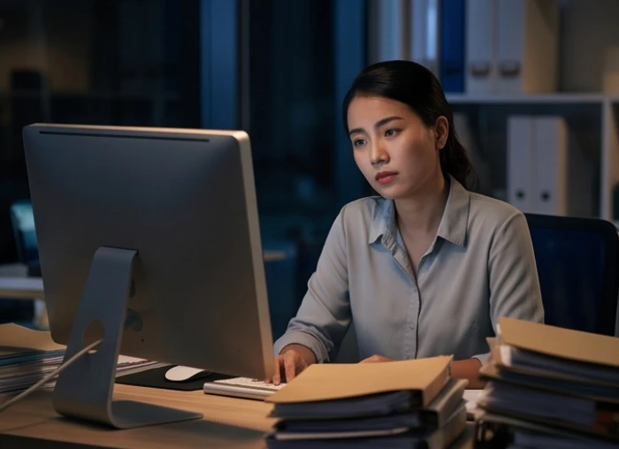 Nữ nhân viên văn phòng lộ vẻ mệt mỏi khi ngồi làm việc muộn bên chồng hồ sơ cao và màn hình máy tính vào ban đêm