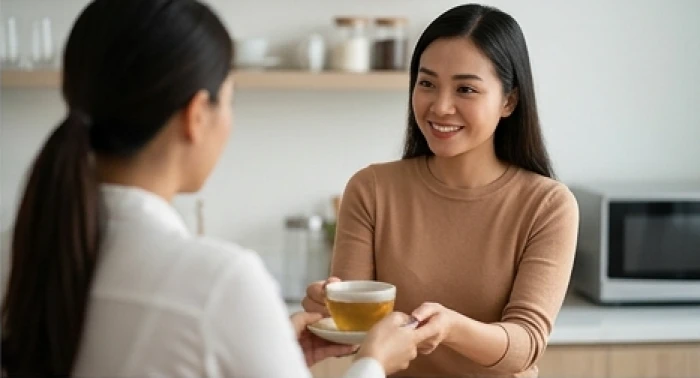 Người nữ tuổi Mão ân cần pha trà và kiên nhẫn lắng nghe chia sẻ để xoa dịu căng thẳng của đồng nghiệp