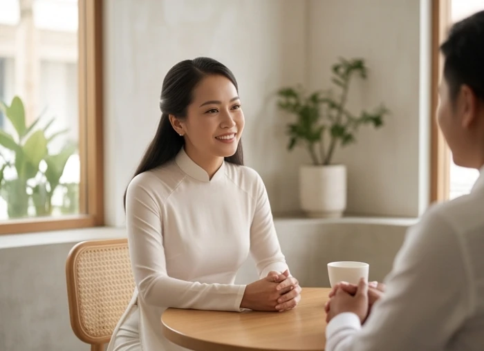 Người phụ nữ tuổi Mùi mỉm cười nhẹ nhàng lắng nghe đối tác trong một buổi trò chuyện thân mật