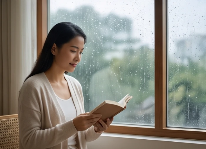 Người phụ nữ khoác chiếc áo len mỏng đang đọc sách trầm ngâm bên cửa sổ trong tiết trời lạnh