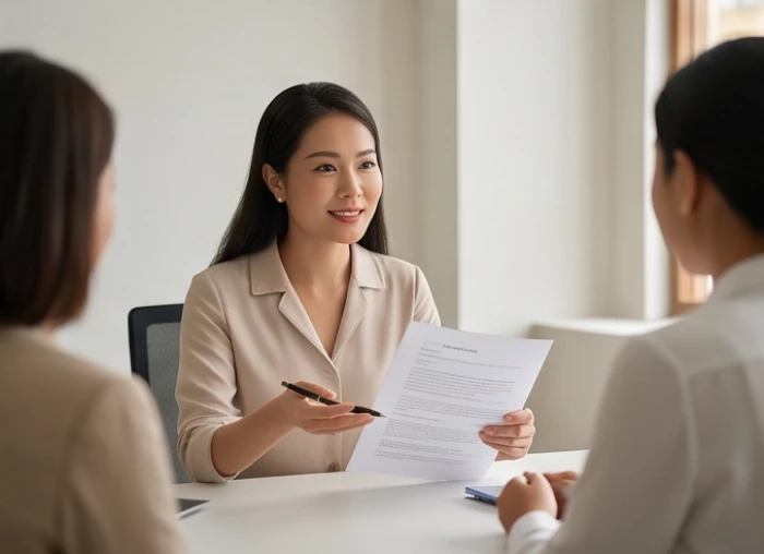 Nữ nhân viên mỉm cười thân thiện đang hướng dẫn hồ sơ cho đồng nghiệp tại bàn làm việc