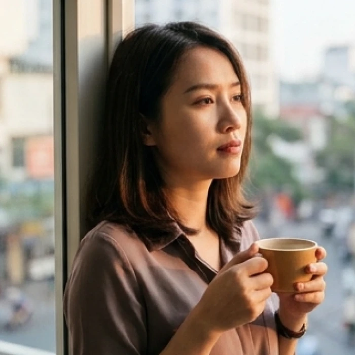 Nữ nhân viên văn phòng đang suy tư với vẻ mặt thoáng chút buồn bã và lo âu bên cửa sổ